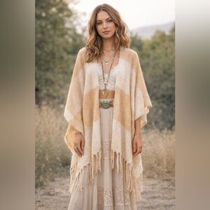 Free People Cream and White Textured Poncho